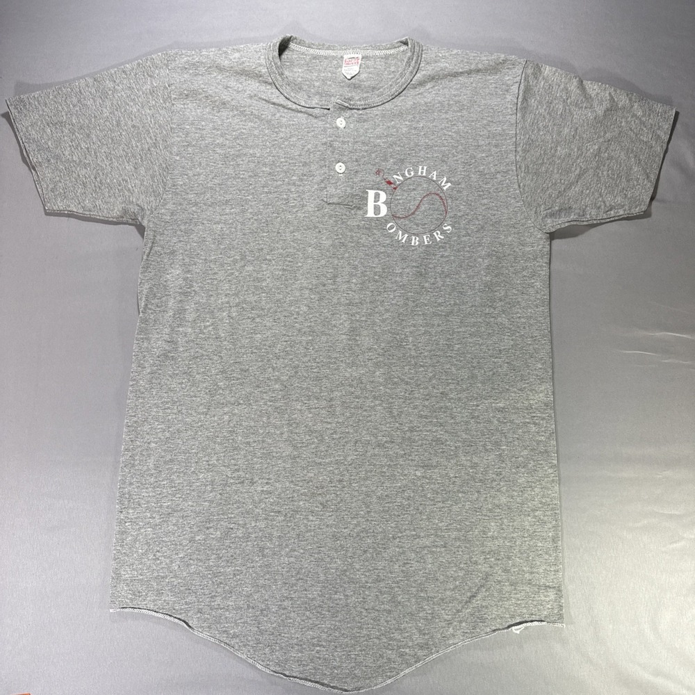 Vintage Soffe Bingham Bombers Baseball Shirt Mens L Henley Gray Single Stitch